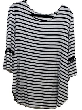 Green Envelope LA black and white stripes 3/4 bell sleeve with black Pom Poms 2X